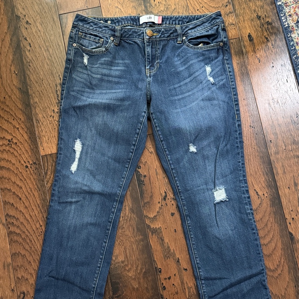 CAbi Women's Blue Slim Boyfriend Jeans with Distressed Details
